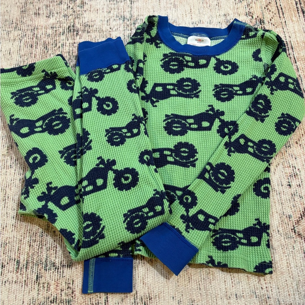 Hanna Andersson Green and Blue thermal Kids Pajamas with Monster Truck Print